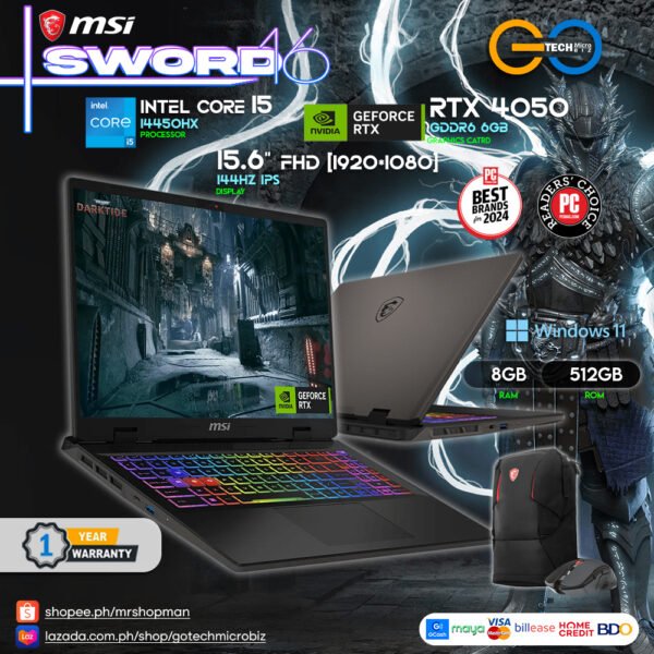 MSI Sword HX B14VEKG-492PH | 15.6" FHD 144Hz | Intel Core i5 14450HX | RTX 4050 | 8Gb DDR5 RAM | 512GB Storage Gaming Laptop