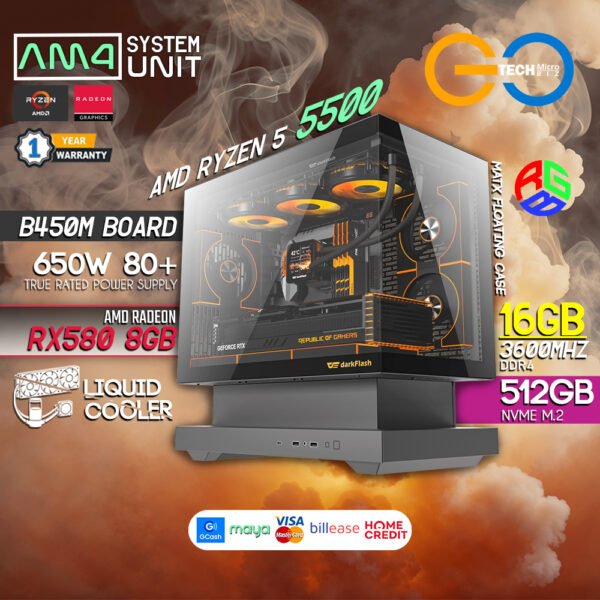 AMD Ryzen 5 5500 + RX 580 8GB | 16Gb RAM | MATX Floating Case AM4 Desktop PC Build