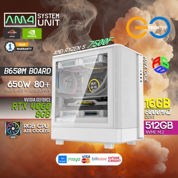AMD Ryzen 5 7500F + RTX 4060 8GB | 16Gb RAM AM5 Desktop PC Build Bundle Set