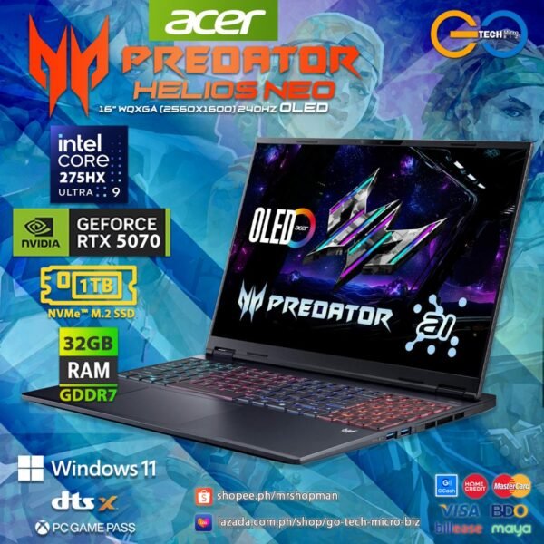 Acer Predator Helios Neo PHN165-71-9269 Black | 16″ WQXGA OLED 240 Hz| Intel Core Ultra 9 275HX | RTX 5070 | 32Gb Ram | 1Tb Storage Gaming Laptop