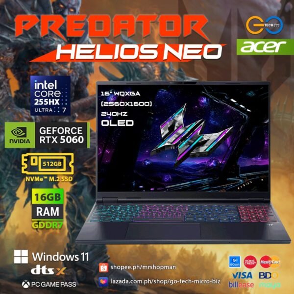 Acer Predator Helios Neo PHN165-71-72WE Black | 16" WQXGA 240Hz Oled | Intel Core Ultra 7 255HX | RTX 5060 | 16Gb Ram | 512Gb Storage Gaming Laptop