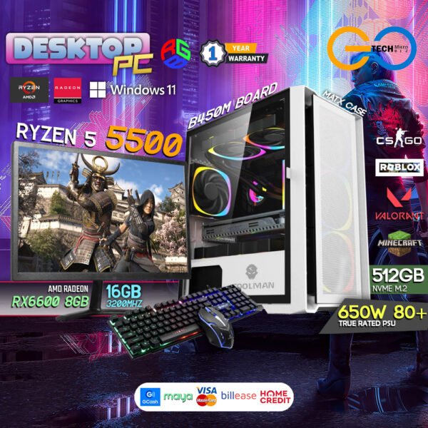 AMD Ryzen 5 5500+ RX 6600 Desktop PC Build Bundle Set