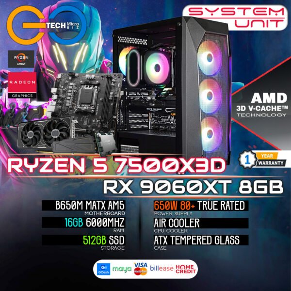 AMD Ryzen 5 7500X3D + RX 9060XT 8GB | 16Gb RAM | AM5 Desktop PC Build Bundle Set