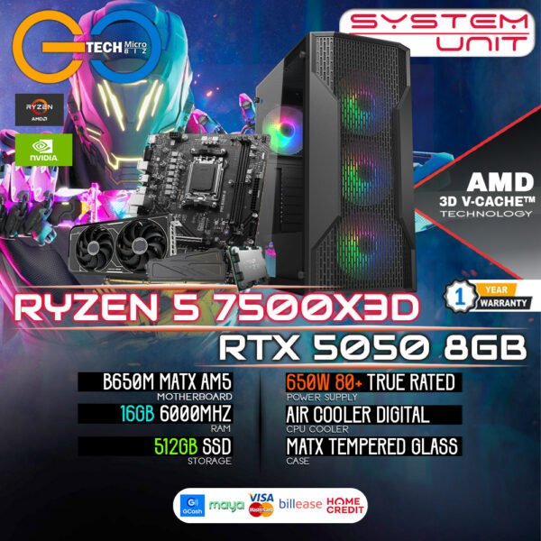 AMD Ryzen 5 7500X3D + RTX 5050 8GB | 16Gb RAM | AM5 Desktop PC Build Bundle Set